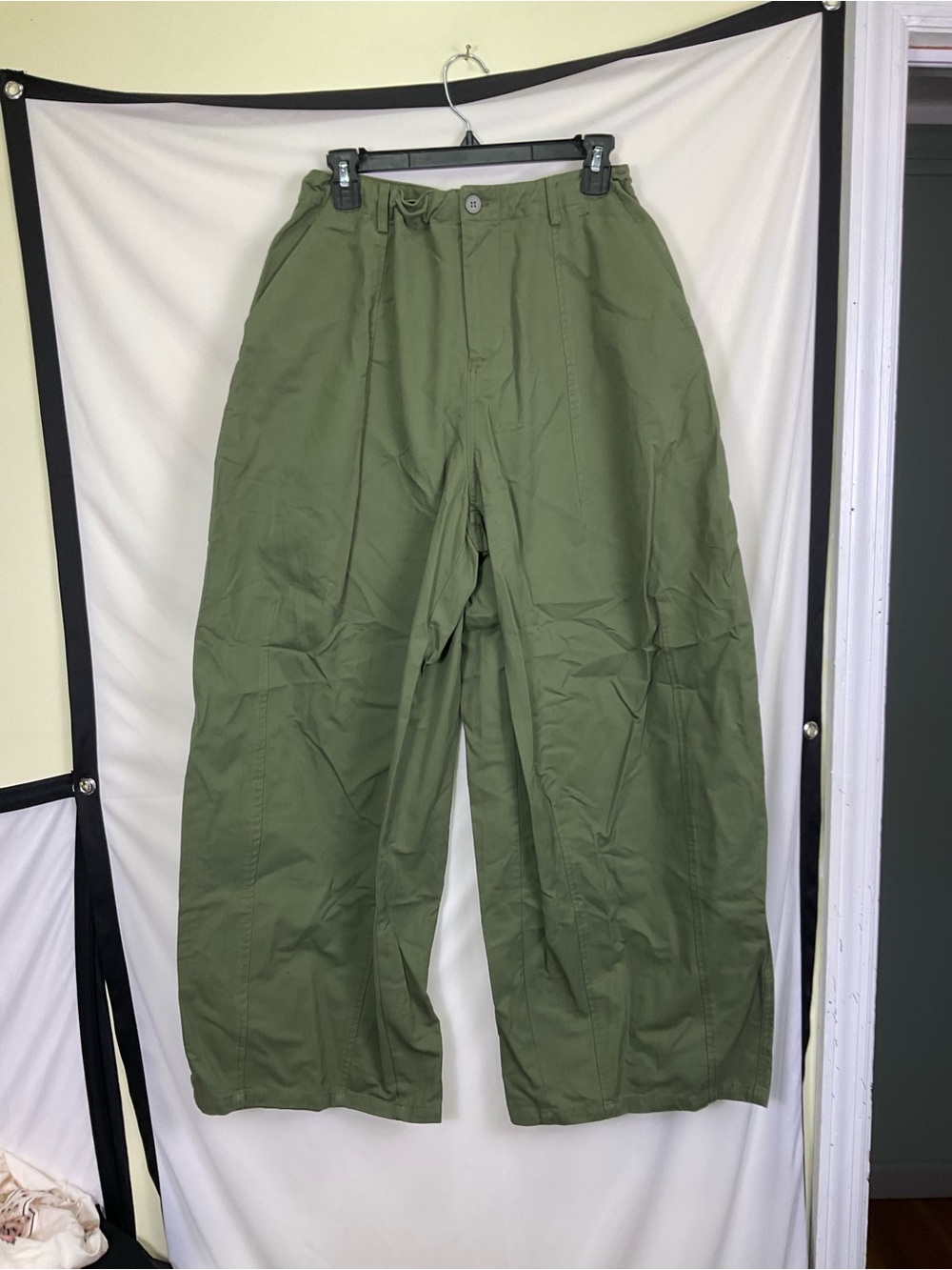 100% Cotton High-Waist Balloon Pants - Olive Green